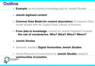  Example: an envisioned knowledge grid for Jewish Studies
 Jewish digitised content
 Common Data Model for content description: Europeana Data
model shared with the Digital Public Library of America
 From data to knowledge: context for Jewish Digitised Contents
– the role of vocabularies: Who? What? When? Where?
 Jewish Studies
 Semantic enabled Digital Humanities Jewish Studies
 Virtual Research Environments for Jewish Studies research
communities of practice
Outline
 