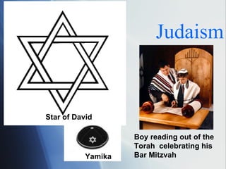 Judaism Star of David Yamika Boy reading out of the Torah  celebrating his Bar Mitzvah 