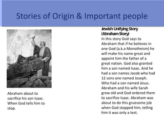 Stories of Origin & Important people
                            Jewish Unifying Story
                            (Abraham Story)
                            In this story God says to
                            Abraham that if he believes in
                            one God (a.k.a Monotheism) he
                            will make his name great and
                            appoint him the father of a
                            great nation. God also granted
                            him a son named Isaac. And he
                            had a son names Jacob who had
                            12 sons one named Joseph.
                            Who had a son named Jesus.
                            Abraham and his wife Sarah
Abraham about to            grew old and God ordered them
sacrifice his son Isaac.    to sacrifice Isaac. Abraham was
When God tells him to       about to do this gruesome job
stop.                       when God stopped him, telling
                            him it was only a test.
 
