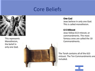 Core Beliefs
                                 One God
                                 Jews believe in only one God.
                                 This is called monotheism.

                                 613 Mitzvot
                                 Jews follow 613 mitzvot, or
                                 commandments. The most
This represents                  famous ones are called the 10
Monotheism,                      Commandments.
the belief in
only one God.

                            The Torah contains all of the 613
                            mitzvot. The Ten Commandments are
                            included.
 