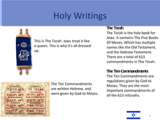 Holy Writings
                                         The Torah
                                         The Torah is the holy book for
                                         Jews. It contains The Five Books
This is The Torah. Jews treat it like    Of Moses. Which has multiple
a queen. This is why it’s all dressed    names like the Old Testament,
up.                                      and the Hebrew Testament.
                                         There are a total of 613
                                         commandments in The Torah.

                                         The Ten Commandments
                                         The Ten Commandments are
                                         regulations given by God to
           The Ten Commandments          Moses. They are the most
           are written Hebrew, and       important commandments of
           were given by God to Moses.   all the 613 mitzvahs.



                                                                   4
 