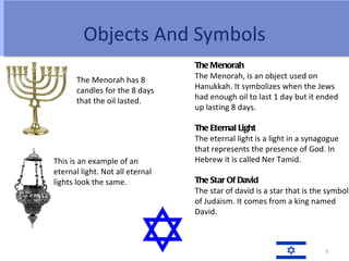 Objects And Symbols
                                 The Menorah
       The Menorah has 8         The Menorah, is an object used on
       candles for the 8 days    Hanukkah. It symbolizes when the Jews
       that the oil lasted.      had enough oil to last 1 day but it ended
                                 up lasting 8 days.

                                 The Eternal Light
                                 The eternal light is a light in a synagogue
                                 that represents the presence of God. In
This is an example of an         Hebrew it is called Ner Tamid.
eternal light. Not all eternal
lights look the same.            The Star Of David
                                 The star of david is a star that is the symbol
                                 of Judaism. It comes from a king named
                                 David.



                                                                        5
 