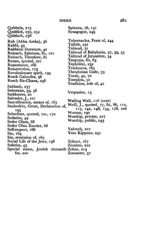 INDEX
	
261
Qabbala, 213 Spinoza, 76, 151
Qaddich, 230, 252 Synagogue, 249
Qidduch, 238
Rab (Abba Areka), 36
	
Tabernacles, Feast of, 244
Rabbi, 43
	
Tallith, 231
Rabbinic literature, 42
	
Talmud, 31
Reinach, Salomon, 81, lot
	
Talmud of Babylonia, 37 . 39, 55
Reinach, Theodore, 81
	
Talmud of Jerusalem, 54
Renan, quoted, 201
	
Targums, 6o, 63
Repentance, 166
	
Tephillim, 232
Resurrection, 173
	
Teschouva, 165
Revolutionary spirit, i gg
	
Theodosian Code, 33
Rosch Galoutha, 36
	
Torah, 42, 70
Rosch Ha-Chana, 246
	
Tosephta, 52
Sabbath, 237
	
Tradition, role of, 42
Saboraim, 39, 56
	
Vespasian, 13
Sadducees, 20
Salvador, J ., 10,
Sanctification, means of, 163
	
Wailing Wall, 116 (note)
Sanhedrin, Great, Declaration of, Weill, J., quoted, 77, 82, 86, 112,
195
	
113, 142, 148, 154, 178, 206
Schechter, quoted, 121, 170
	
Woman, 19o
Sedarim, 49 Worship, private, 227
Seder Olam, 66 Worship, public, 243
Seder Olan Zoutter, 66
Self-respect, 188
	
Yahweh, 207
Sin, 164
	
Yom Kippour, 247
Sin, remission of, 165
Social Life of the Jews, 198
	
Zekout, 167
Soferim, 43
	
Zionism, 222
Special status, Jewish demands Zohar, 213
for, 200
	
Zoroaster, 37
 