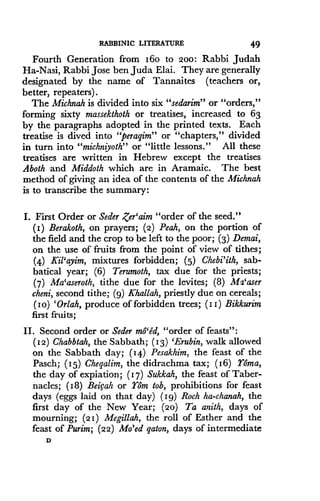 RABBINIC LITERATURE
	
49
Fourth Generation from I6o to Zoo : Rabbi Judah
Ha-Nasi, Rabbi Jose ben Juda Elai. They are generally
designated by the name of Tannaites (teachers or,
better, repeaters) .
The Michnah is divided into six "sedarim" or "orders,"
forming sixty massekthoth or treatises, increased to 63
by the paragraphs adopted in the printed texts . Each
treatise is dived into "peraqim" or "chapters," divided
in turn into "michniyoth" or "little lessons." All these
treatises are written in Hebrew except the treatises
Aboth and Middoth which are in Aramaic. The best
method of giving an idea of the contents of the Michnah
is to transcribe the summary :
I. First Order or Seder Zer'aim "order of the seed."
(I) Berakoth, on prayers; (2) Peah, on the portion of
the field and the crop to be left to the poor; (3) Demai,
on the use of fruits from the point of view of tithes ;
(q.) Kil`ayim, mixtures forbidden ; (5) Chebi'ith, sab-
batical year ; (6) Terumoth, tax due for the priests ;
(7) Ma'aseroth, tithe due for the levites ; (8) Mz'aser
cheni, second tithe; (9) Khallah, priestly due on cereals;
(I o) `Orlah, produce of forbidden trees ; (I I) Bikkurim
first fruits ;
II. Second order or Seder mo`ed, "order of feasts" :
(12) Chabbtah, the Sabbath ; (I3) 'Erubin, walk allowed
on the Sabbath day ; (14) Pesakhim, the feast of the
Pasch; (I5) Cheqalim, the didrachma tax; (I6) Toma,
the day of expiation; (I7) Sukkah, the feast of Taber-
nacles; (I8) Beigah or Tom tob, prohibitions for feast
days (eggs laid on that day) (I9) Roch ha-chanah, the
first day of the New Year ; (20) Ta anith, days of
mourning ; (21) Megillah, the roll of Esther and the
feast of Purim; (22) Wed qaton, days of intermediate
D
 