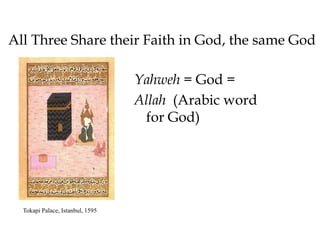 All Three Share their Faith in God, the same God
Yahweh = God =
Allah (Arabic word
for God)
Tokapi Palace, Istanbul, 1595
 