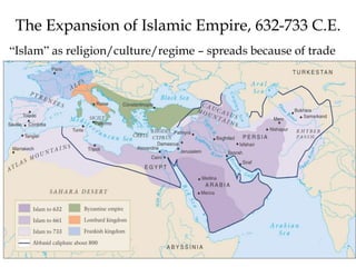 The Expansion of Islamic Empire, 632-733 C.E.
“Islam” as religion/culture/regime – spreads because of trade
 
