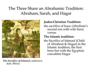 The Three Share an Abrahamic Tradition:
Abraham, Sarah, and Hagar
Judeo-Christian Tradition:
the sacrifice of Isaac (Abraham’s
second son with wife Sara)
versus
The Islamic tradition:
the Sacrifice of Ishmael (Child
of Abraham & Hagar) in the
Islamic tradition, the first
born but with the Egyptian
concubine Hagar
The Sacrifice of Ishmael, unknown
date, Shiraz
 