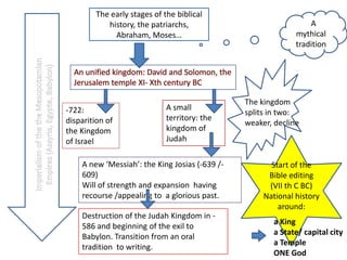 The early stages of the biblicalhistory, the patriarchs, Abraham, Moses…AA mythical traditionImperialism of the theMesopotamian Empires (Assyria, Egypte, Babylon)An unifiedkingdom: David and Solomon, the Jerusalem temple XI- Xthcentury BCThe kingdomsplits in two: weaker, declineA smallterritory: the kingdom of Judah-722: disparition of the Kingdom of IsraelStart of the Bible editing (VII th C BC)National historyaround: A new ‘Messiah’: the King Josias (-639 /-609)Will of strength and expansion  havingrecourse /appealing to  a gloriouspast.Destruction of the JudahKingdom in -586 and beginning of the exil to Babylon. Transition from an oral tradition  to writing.a Kinga State/ capital citya TempleONE God