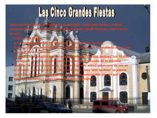 Cinco grandes fiestas van jalonado el año judío. Todas ellas tienen como fin  recordar ciertos acontecimientos pasados donde Yahvé intervino a favor de su  pueblo. 1ª) ROSH  HASHANÁ  Es el comienzo del año (2ª quincena de septiembre, aprox.). Es la ocasión para que el judío se juzgue a sí mismo. Es el momento de un gran  examen de conciencia.  Le siguen 10 días aptos para el arrepentimiento.  "Los días terribles"  Los 10 días que siguen son días de penitencia. Recuerdan el pecado de la idolatría, símbolo de todos los pecados, cuando el pueblo adoró al becerro de oro en  el desierto, negando al único Dios verdadero. Estos "días terribles" se piensa  que el mundo entero comparece ante Yahvé para pedirle perdón por los  pecados cometidos especialmente contra el prójimo. Las Cinco Grandes Fiestas  