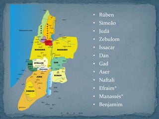 • Rúben
• Simeão
• Judá
• Zebulom
• Issacar
• Dan
• Gad
• Aser
• Naftali
• Efraim*
• Manassés*
• Benjamim
 