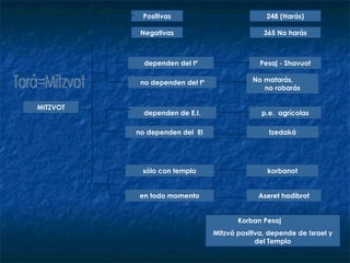 MITZVOT Torá=Mitzvot Korban Pesaj Mitzvá positiva, depende de Israel y del Templo 248 (Harás) Positivas Negativas 365 No harás dependen del tº Pesaj - Shavuot no dependen del tº No matarás,  no robarás dependen de E.I. p.e.  agrícolas tzedaká no dependen del  EI sólo con templo korbanot en todo momento Aseret hadibrot 