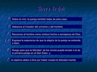 Sheva Brajot Sobre el vino: la pareja también bebe de esta copa;  1ª Alabanza al Creador del universo y del hombre; 2ª Reconoce al hombre como criatura hecha a semejanza de Dios; 3ª Expresa la esperanza de que la alegría de la pareja se extienda a Sión; 4ª - 5ª Ruego para que la felicidad  de los novios pueda emular a la de la primera pareja en el Gan Eden, y, - 6ª la séptima alaba a Dios por haber creado la felicidad marital. 7ª 