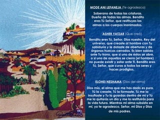MODE ANI LEFANEJA  (Te agradezco) Soberano de todas las criaturas. Dueño de todas las almas. Bendito eres Tú Señor, que restituyes las almas a los cuerpos inanimados.   ASHER YATZAR  (Que creó) Bendito eres Tú, Señor, Dios nuestro, Rey del universo, que creaste al hombre con Tu sabiduría y le dotaste de aberturas y de órganos huecos cerrados. Es bien sabido ante Tu trono, que si uno de éstos se abre, o si uno de aquellos se cierra (el hombre) no puede existir y estar ante Ti. Bendito eres Tú, Señor, que curas a todos los seres y haces prodigios.   ELOHEI NESHAMA   (Dios del alma) Dios mío, el alma que me has dado es pura. Tú la creaste, Tú la formaste, Tú me la insuflaste y Tu la guardas dentro de mí y Tú me la quitarás un día y me la restituirás para la vida futura. Mientras mi alma subsista en mí, yo te agradezco, Señor, mi Dios y Dios de mis padres.   