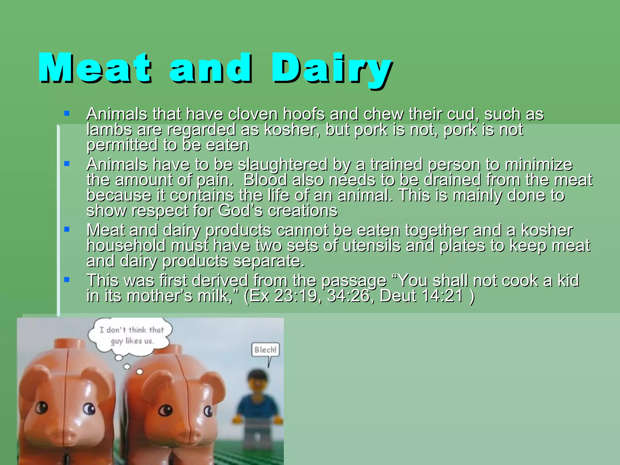 Meat and Dairy Animals that have cloven hoofs and chew their cud, such as lambs are regarded as kosher, but pork is not, pork is not permitted to be eaten Animals have to be slaughtered by a trained person to minimize the amount of pain.  Blood also needs to be drained from the meat because it contains the life of an animal. This is mainly done to show respect for God’s creations Meat and dairy products cannot be eaten together and a kosher household must have two sets of utensils and plates to keep meat and dairy products separate. This was first derived from the passage “You shall not cook a kid in its mother’s milk,” (Ex 23:19, 34:26, Deut 14:21 ) 