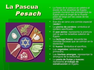 La PascuaLa Pascua
PesachPesach
 La fiesta de la pascua se celebra elLa fiesta de la pascua se celebra el
éxodo de los israelitas de Egipto,éxodo de los israelitas de Egipto,
cuando murieron los primogénitos decuando murieron los primogénitos de
Egipto pero el ángel de la muerteEgipto pero el ángel de la muerte
pasó de largo por las casas de lospasó de largo por las casas de los
israelitas.israelitas.
 Ese día se cena una comida especialEse día se cena una comida especial
((sederseder):):
 LaLa pierna de cordero:pierna de cordero: simboliza elsimboliza el
cordero sacrificado.cordero sacrificado.
 ElEl pan ázimo:pan ázimo: representa la premurarepresenta la premura
con la que los israelitas salieron decon la que los israelitas salieron de
Egipto.Egipto.
 LaLa lechuga frescalechuga fresca: recuerda las: recuerda las
comidas escasas que se comían en lacomidas escasas que se comían en la
esclavitud.esclavitud.
 ElEl huevohuevo: Simboliza el sacrificio.: Simboliza el sacrificio.
 LosLos vegetales:vegetales: simbolizan lasimbolizan la
primavera.primavera.
 LasLas hierbas amargas:hierbas amargas: representan larepresentan la
amargura de la esclavitud.amargura de la esclavitud.
 LaLa pasta de frutas y nueces:pasta de frutas y nueces:
representarepresenta el trabajo deel trabajo de
construcciónconstrucción en Egiptoen Egipto..
 
