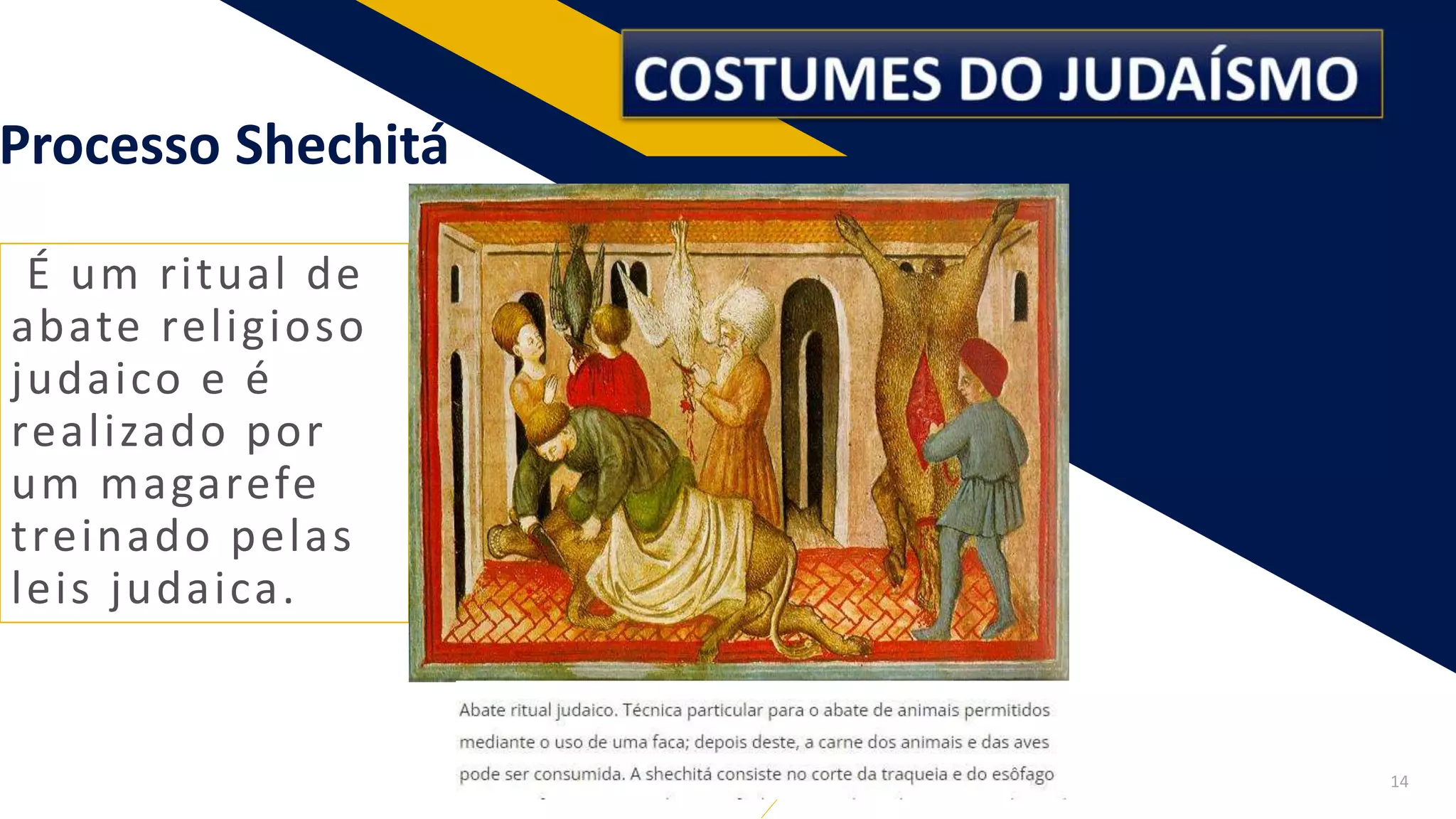 É um ritual de
abate religioso
judaico e é
realizado por
um magarefe
treinado pelas
leis judaica.
Processo Shechitá
14
 