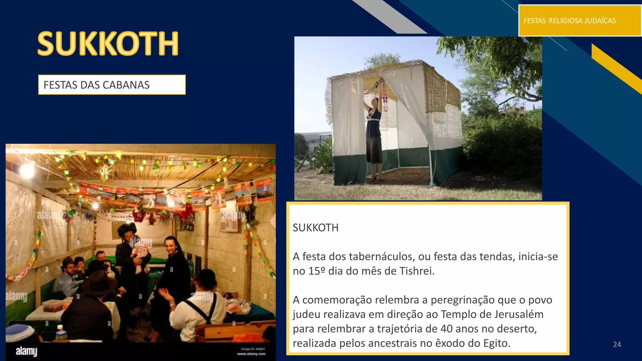 RF
Adicionar um rodapé 24
SUKKOTH
A festa dos tabernáculos, ou festa das tendas, inicia-se
no 15º dia do mês de Tishrei.
A comemoração relembra a peregrinação que o povo
judeu realizava em direção ao Templo de Jerusalém
para relembrar a trajetória de 40 anos no deserto,
realizada pelos ancestrais no êxodo do Egito.
FESTAS DAS CABANAS
 