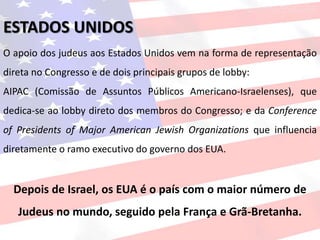 O apoio dos judeus aos Estados Unidos vem na forma de representação
direta no Congresso e de dois principais grupos de lobby:
AIPAC (Comissão de Assuntos Públicos Americano-Israelenses), que
dedica-se ao lobby direto dos membros do Congresso; e da Conference
of Presidents of Major American Jewish Organizations que influencia
diretamente o ramo executivo do governo dos EUA.
Depois de Israel, os EUA é o país com o maior número de
Judeus no mundo, seguido pela França e Grã-Bretanha.
ESTADOS UNIDOS
 