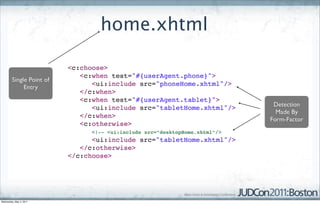 home.xhtml

                          <c:choose>
                             <c:when test="#{userAgent.phone}">
        Single Point of
                                <ui:include src="phoneHome.xhtml"/>
             Entry
                             </c:when>
                             <c:when test="#{userAgent.tablet}">
                                                                              Detection
                                <ui:include src="tabletHome.xhtml"/>
                                                                               Made By
                             </c:when>
                                                                             Form-Factor
                             <c:otherwise>
                                <!-- <ui:include src=”desktopHome.xhtml”/>
                                <ui:include src="tabletHome.xhtml"/>
                             </c:otherwise>
                          </c:choose>




Wednesday, May 4, 2011
 