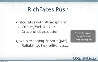 RichFaces Push

                         •Integrates with Atmosphere
                          o Comet/WebSockets
                          o Graceful degradation
                                                                Cross Browser
                                                                Cross Device
                                                               Cross Enterprise
                         •Java Messaging Service (JMS)
                          o Reliability, ﬂexibility, etc....




Wednesday, May 4, 2011
 