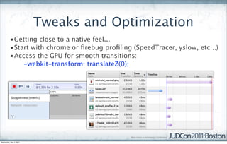Tweaks and Optimization
          •Getting close to a native feel...
          •Start with chrome or ﬁrebug proﬁling (SpeedTracer, yslow, etc...)
          •Access the GPU for smooth transitions:
              -webkit-transform: translateZ(0);




Wednesday, May 4, 2011
 
