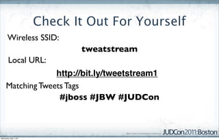 Check It Out For Yourself
       Wireless SSID:
                                tweatstream
        Local URL:
                   http://bit.ly/tweetstream1
      Matching Tweets Tags
                    #jboss #JBW #JUDCon



Wednesday, May 4, 2011
 