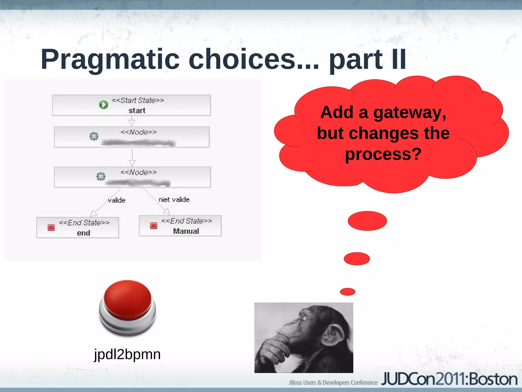 Pragmatic choices... part II
                     Add a gateway,
                     but changes the
                        process?




    jpdl2bpmn
 