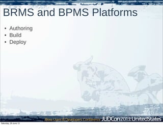 BRMS and BPMS Platforms
• Authoring
• Build
• Deploy
Saturday, 29 June 13
 