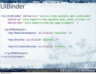 UiBinder
<ui:UiBinder xmlns:ui='urn:ui:com.google.gwt.uibinder'
    xmlns:g='urn:import:com.google.gwt.user.client.ui'
    xmlns:my='urn:import:com.my.app.widgets' >
  <g:HTMLPanel>
    <my:WeatherReport ui:field='weather'/>
    <my:Stocks ui:field='stocks'/>
    <my:CricketScores ui:field='scores' />
  </g:HTMLPanel>
</ui:UiBinder>
Saturday, 29 June 13
 