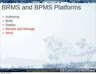 BRMS and BPMS Platforms
• Authoring
• Build
• Deploy
• Monitor and Manage
• Work
Saturday, 29 June 13
 