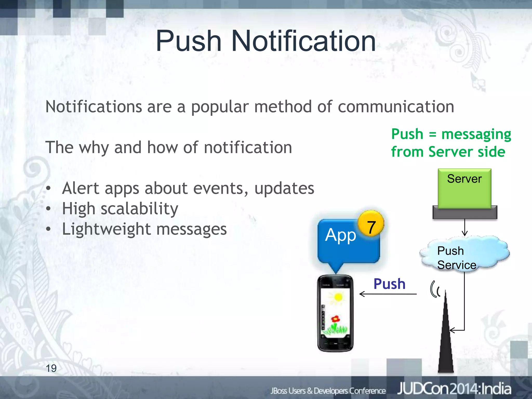 Push Notification
Notifications are a popular method of communication
Push = messaging
from Server side

The why and how of notification
• Alert apps about events, updates
• High scalability
• Lightweight messages
App 7

Server

Push
Service

Push

19

 