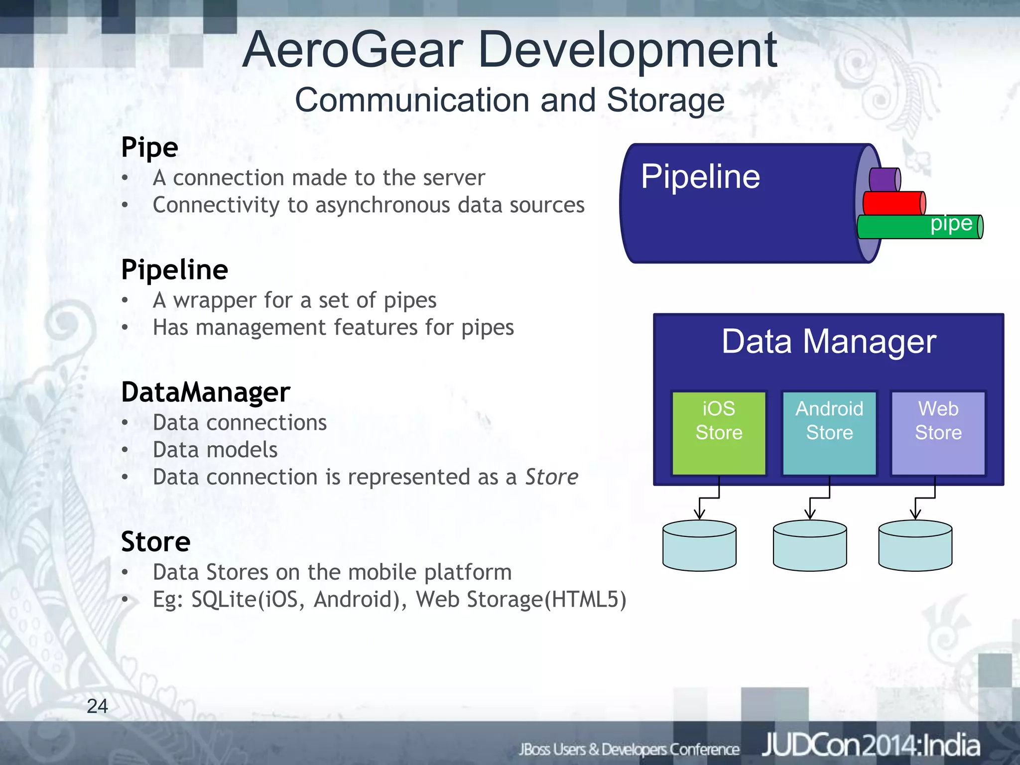 AeroGear Development
Communication and Storage
Pipe
•
•

A connection made to the server
Connectivity to asynchronous data sources

Pipeline
pipe

Pipeline
•
•

A wrapper for a set of pipes
Has management features for pipes

DataManager
•
•
•

Data connections
Data models
Data connection is represented as a Store

Store
•
•

24

Data Stores on the mobile platform
Eg: SQLite(iOS, Android), Web Storage(HTML5)

Data Manager
iOS
Store

Android
Store

Web
Store

 