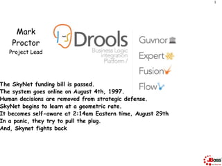 1




     Mark
    Proctor
   Project Lead




The SkyNet funding bill is passed.
The system goes online on August 4th, 1997.
Human decisions are removed from strategic defense.
SkyNet begins to learn at a geometric rate.
It becomes self-aware at 2:14am Eastern time, August 29th
In a panic, they try to pull the plug.
And, Skynet fights back
 