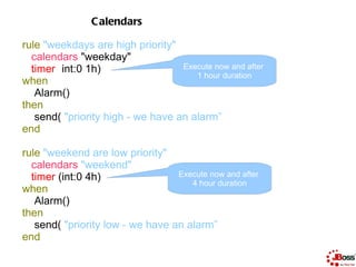 44

                C alendars

rule "weekdays are high priority"
  calendars "weekday"
  timer (int:0 1h)                ...