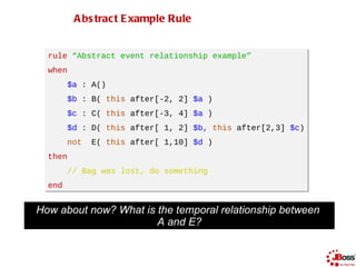 46

         A bs tract E xample Rule


  rule “Abstract event relationship example”
  when
        $a : A()
        $b : ...
