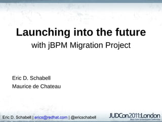 Launching into the future with jBPM Migration Project Eric D. Schabell Maurice de Chateau Eric D. Schabell |  [email_address]  | @ericschabell 
