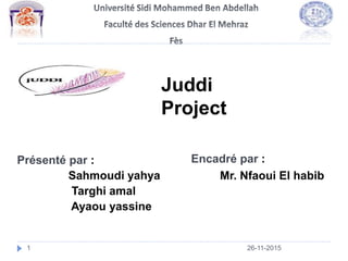 26-11-20151
Juddi
Project
Présenté par :
Sahmoudi yahya
Targhi amal
Ayaou yassine
Encadré par :
Mr. Nfaoui El habib
 