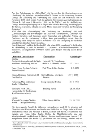 Aus den Aufzählungen im „Führerblatt“ geht hervor, dass die Genehmigungen zur
„Arisierung“ der jüdischen Unternehmen über 70 Prozent vor der Anweisung Hermann
Görings zur Arisierung und Vertreibung alle Juden aus der Wirtschaft vom 9.
November 1938 erteilt waren. Auch die geheime Anweisungen des Stellvertreters des
Führers R. Heß vom 6. Dezember 1938 an die NSDAP, mit der Aufforderung,
Görings Anordnung bedingungslos zu folgen oder schärfte Bestrafung, unabhängig von
der Person, zu erhalten, erfolgte erst viele Monte nach dem Vorgehen der Gauleitung
Schlesien.8
Weil aber eine „Genehmigung“ der Gauleitung zur „Arisierung“ erst nach
„Untersuchungen und Bewertungen“ des jüdischen Unternehmens, Gutachten von
Banken, Gerichten und Kammern sowie finanzieller und politischer Prüfung des
Gewinners aus der „Arisierung“ erfolgte, kann geschlussfolgert werde, dass die
Gauleitung schon lange vor dem 9. November 1938 die Enteignung der restlichen
aufgeführten jüdischen Betrieb einleitete.
Das „Führerblatt“ meldete für Breslau 207 (alle schon 1938 „genehmigt“), für Beuthen
37, Hindenburg 24 und für Gleiwitz 17 „Arisierte Wirtschaftsunternehmen“ in
Schlesien“. Die angeführten 450 Opfer waren zum Beispiel wie folgt in den Listen
aufgeführt:
„Jüdisches Unternehmen: Übernehmer: Genehmigt:“
Breslau
Awebe-Aktiengesellschaft für Web- Herbert F. W. Tengelmann,
waren und Bekleidung, Breslau Berlin u. H. Hintzen, Herford 18. 7. 1938
Bauer, Egon, Breslau-Corlowitz Paul Wiese & Co., Breslau 1. 6. 1938
Autoschlosserei
Brauer, Hermann, Teichstraße 11 Gertrud Klytta, geb. Kurz, 29. 7. 1938
Hotelbetrieb Breslau
Notenberg, Max, Gräbschner Georg Nawroth, Breslau 21. 4. 1938
Straße 19, Kaufhaus
Schalscha, Josef, OHG., Preußag, Berlin 25. 10. 1938
Herrenstraße 24, Reederei und
Schiffahrtsunternehmen
Görlitz
Wurm & Co., An der Weißen Alfons Herzig, Görlitz 13. 10. 1938
Mauer 11. Holzgroßhandlung
Die überwiegende Anzahl der jüdischen Unternehmen ( rund 90 %) eigneten sich
Einwohner und Unternehmen aus Breslau und Schlesien an. Einige jüdische Firmen
übernahmen Firmen und Personen in Berlin, Sachsen und Bayern. So schluckte zum
Beispiel die Firma Edgar Sachs, Berlin, die Metallhüttenwerke und den
Metallgroßhandel von Hoffmann & Markus , Breslau, das Unternehmen Herbert F. W.
Tengelmann, Berlin die Awebe AG (Webwaren und Bekleidung), Breslau und die
7
Diese Übersicht könnte eine Ursache sein, warum im Grunde kein Interesse besteht, diese Dokumente zu
veröffentlichen.
8
Nationalsozialistische Deutsche Arbeiterpartei, Der Stellvertreter des Führers, Rundschreiben 203/38, Geheim,
16. Dezember 1938.
5
 