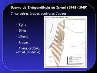 Guerra de Independência de Israel (1948-1949)
Cinco países árabes contra os Judeus:
• Egito
• Síria
• Líbano
• Iraque
• Transjordânia
(atual Jordânia)
 