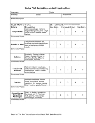CreatedbyJ. SkylerFernandes
Company: Date:
Industry: Stage: Capital Raise:
Brief Description:
INVESTMENT CRITERIA BETTER S...