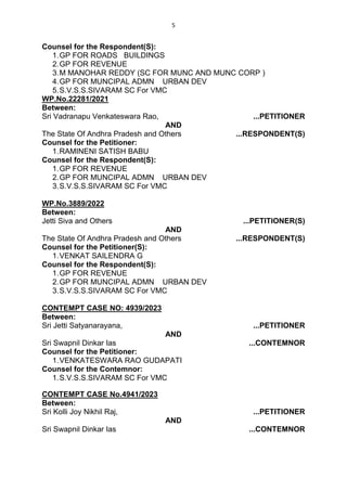 5
Counsel for the Respondent(S):
1.GP FOR ROADS BUILDINGS
2.GP FOR REVENUE
3.M MANOHAR REDDY (SC FOR MUNC AND MUNC CORP )
4.GP FOR MUNCIPAL ADMN URBAN DEV
5.S.V.S.S.SIVARAM SC For VMC
WP.No.22281/2021
Between:
Sri Vadranapu Venkateswara Rao, ...PETITIONER
AND
The State Of Andhra Pradesh and Others ...RESPONDENT(S)
Counsel for the Petitioner:
1.RAMINENI SATISH BABU
Counsel for the Respondent(S):
1.GP FOR REVENUE
2.GP FOR MUNCIPAL ADMN URBAN DEV
3.S.V.S.S.SIVARAM SC For VMC
WP.No.3889/2022
Between:
Jetti Siva and Others ...PETITIONER(S)
AND
The State Of Andhra Pradesh and Others ...RESPONDENT(S)
Counsel for the Petitioner(S):
1.VENKAT SAILENDRA G
Counsel for the Respondent(S):
1.GP FOR REVENUE
2.GP FOR MUNCIPAL ADMN URBAN DEV
3.S.V.S.S.SIVARAM SC For VMC
CONTEMPT CASE NO: 4939/2023
Between:
Sri Jetti Satyanarayana, ...PETITIONER
AND
Sri Swapnil Dinkar Ias ...CONTEMNOR
Counsel for the Petitioner:
1.VENKATESWARA RAO GUDAPATI
Counsel for the Contemnor:
1.S.V.S.S.SIVARAM SC For VMC
CONTEMPT CASE No.4941/2023
Between:
Sri Kolli Joy Nikhil Raj, ...PETITIONER
AND
Sri Swapnil Dinkar Ias ...CONTEMNOR
 