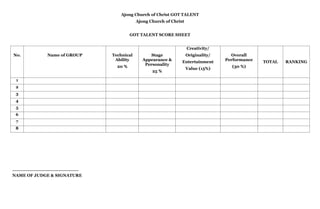 Ajong Church of Christ GOT TALENT
Ajong Church of Christ
GOT TALENT SCORE SHEET
No. Name of GROUP Technical
Ability
20 %
Stage
Appearance &
Personality
25 %
Creativity/
Originality/
Entertainment
Value (15%)
Overall
Performance
(30 %)
TOTAL RANKING
1
2
3
4
5
6
7
8
_______________________
NAME OF JUDGE & SIGNATURE
 