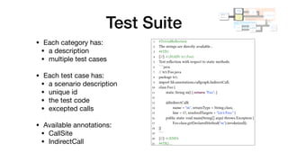 Test Suite
TC1.jarTC2.jar⟨Test Case⟩
.jar
⟨Advanced
Test Case⟩
.jar
compile test cases
AllTestCases
<Test Fixtures
Category>.md
Test Case 1(TC1)
…
Test Case 3 (TCN)
⟨Test Fixtures⟩.md
Test Case 1
…
Test Case 3
⟨CG⟩
.json
compute CG
Done for each CG per supported
static analysis framework.
⟨CG Algorithm Profile⟩
.tsvcompute profile using CG and expected call targets
⟨Project⟩
.jar
⟨Features &
Locations⟩
.json
⟨CG⟩
.json
compute CG
run Hermes
Infrastructure used for computing the prevalence of features in
real projects.
⟨Potential
Sources of
Unsoundness⟩
.tsv
compute suitability of CG algo.
use the
respective
CG profile
• Each category has:

• a description

• multiple test cases

• Each test case has:

• a scenario description

• unique id

• the test code

• excepted calls

• Available annotations:

• CallSite

• IndirectCall
 