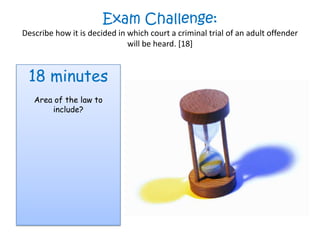 Exam Challenge:
Describe how it is decided in which court a criminal trial of an adult offender
                              will be heard. [18]


 18 minutes
   Area of the law to
       include?
 