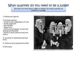 What qualities do you need to be a judge?
                Use what you know about judges to explain why these qualities are
                                     essential to a judge.



1. Intellectual capacity

2. Personal qualities
• Integrity and independence of mind
• Sound judgement
• Decisiveness
• Objectivity
• Ability and willingness to learn and
develop professionally
• Ability to work constructively with
others.

3. An ability to understand and deal
fairly

4. Authority and communication skills

5. Efficiency
 