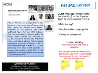Has JAC worked?

                                                Last three appointments (and
                                                the shortlist!) to the Supreme
                                                Court all white male barristers.
“Since 1998 there has been gradual but slow
progress in the percentage of women and         Job-sharing?
Black, Asian and Minority Ethnic (BAME)
members of the judiciary. The latest            An alternative career path?
published figures for April 2011 indicates
that the percentage of women within the          Who’s at university?
courts based judiciary has increased to
22.3%, while 5.1% were BAME.4 Within the
most senior courts judiciary (High Court and
above) the percentage of women is 13.7%,                 Student thinking:
while the percentage of BAME is 3.1%. This          Read the articles and write a
compares with most recent estimates of                       response…
women representing around 51% of the
population and BAME groups representing          Plus once you have read the articles,
12% of the population.”                          decide what you think the strongest
                                                  two argument is, put it on a post-it
                                                        and pop it on the board.

       Stretching yourself:
  Thinking back to the start of the course...
 Where else has race and gender affected law?
          How does this compare?
 