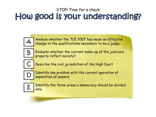 STOP! Time for a check

How good is your understanding?

      Analyse whether the TCE 2007 has made an effective
  A   change to the qualifications necessary to be a judge.

  B   Evaluate whether the current make-up of the judiciary
      properly reflect society?

  C   Describe the civil jurisdiction of the High Court

      Identify one problem with the current operation of
  D   separation of powers

      Identify the three areas a democracy should be divided
  E   into.
 