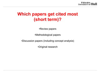Which papers get cited most
(short term)?
•Review papers
•Methodological papers
•Discussion papers (including concept analysis)
•Original research
 
