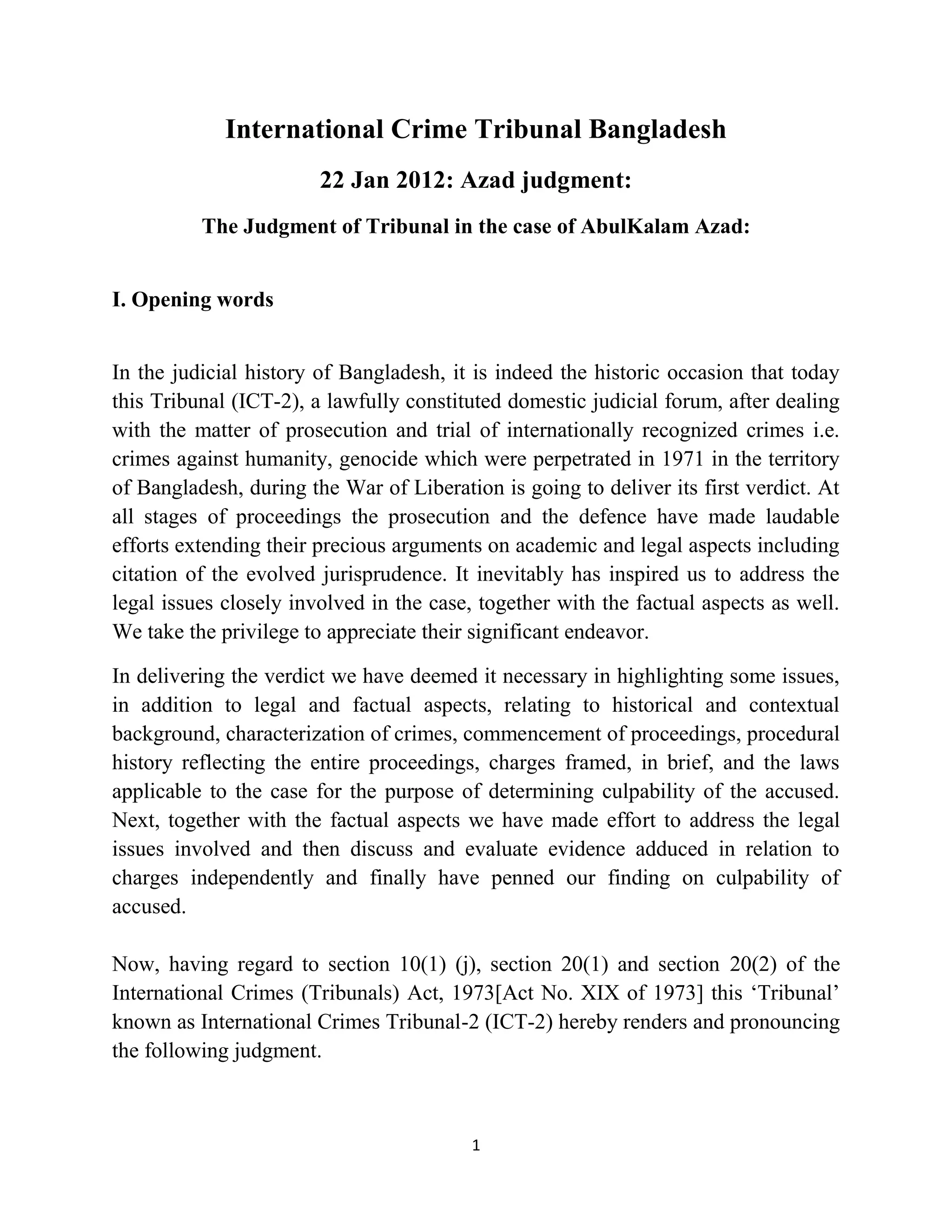 Judgment of moulana abul kalam azad bachchu by ict | DOCX