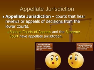 Appellate Jurisdiction
 Appellate Jurisdiction – courts that hear
reviews or appeals of decisions from the
lower courts.
 Federal Courts of Appeals and the Supreme
Court have appellate jurisdiction.
 